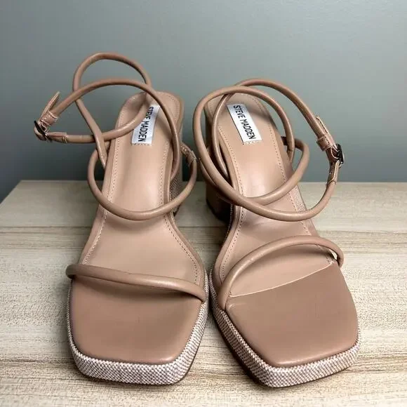 Steve Madden Pennie Tan Brown Faux Leather Strappy Block Heels Sandals size 9.5 - Picture 9 of 12
